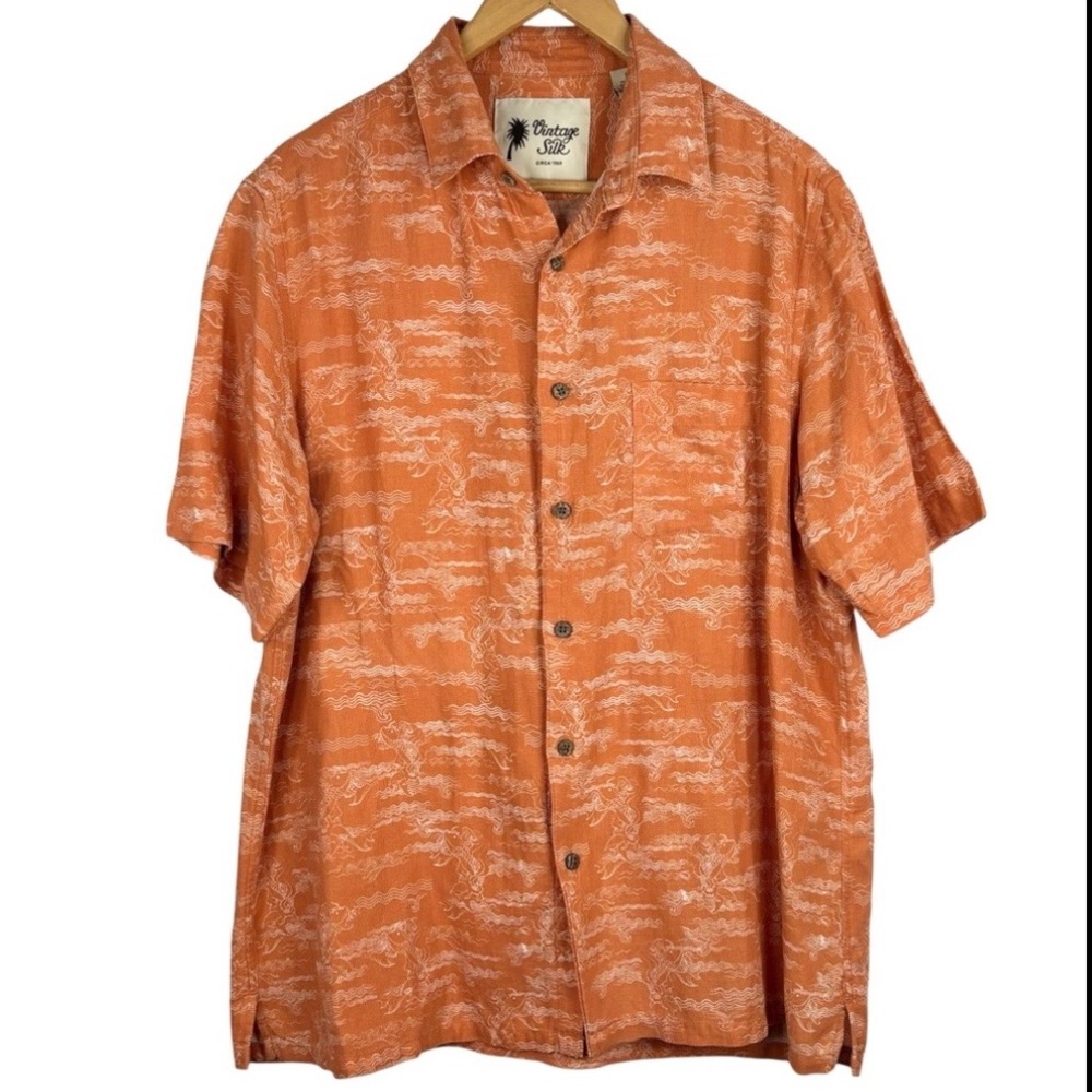 Vintage Silk Orange Patterned Linen & Silk Blended Wooden Button Down Shirt L